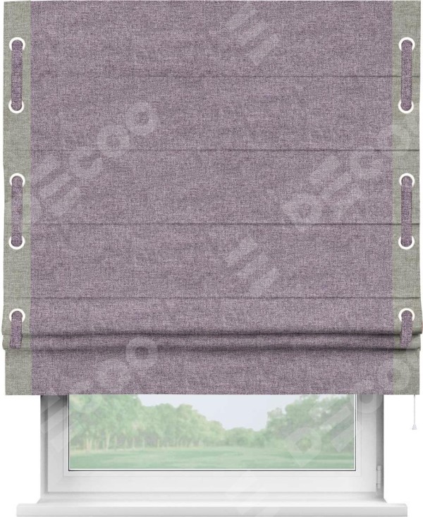 Римская штора «Кортин» для проёма, лён кашемир фиолетовый, с кантом Стрим Дуо (люверсы с пояском)
