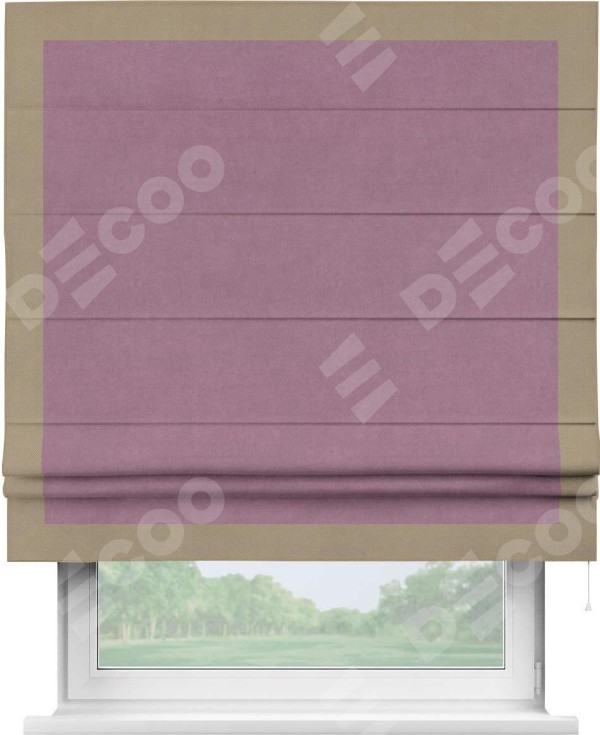 Римская штора «Кортин» с кантом Чесс, для проема, ткань вельвет лиловый